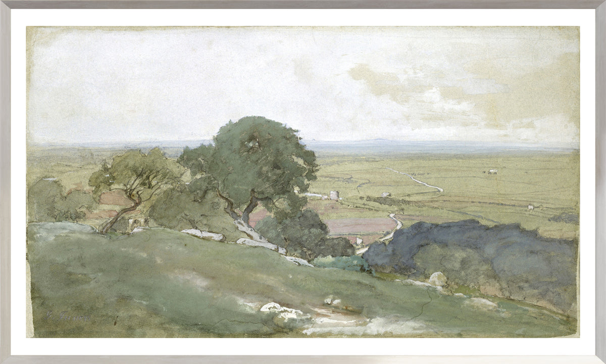 Olive Trees at Tivoli C. 1873 wall art featuring a serene landscape with trees and rolling hills.