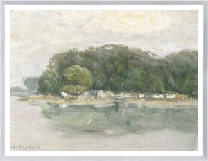 Bank on the Danube C. 1900 wall art featuring a serene landscape with trees and water.