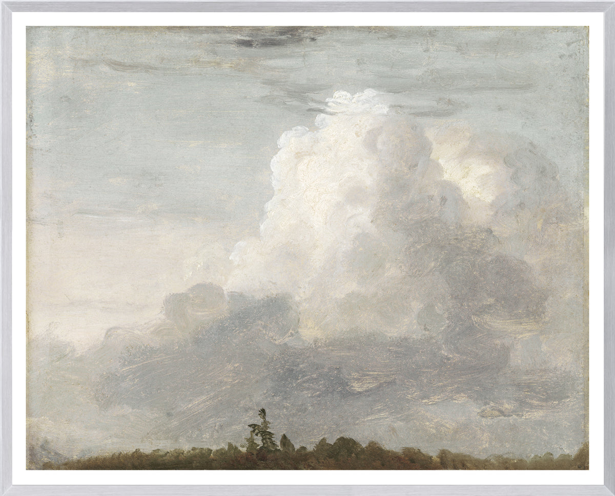 Clouds C. 1838 wall art featuring soft gray and white clouds against a muted sky, framed in white.