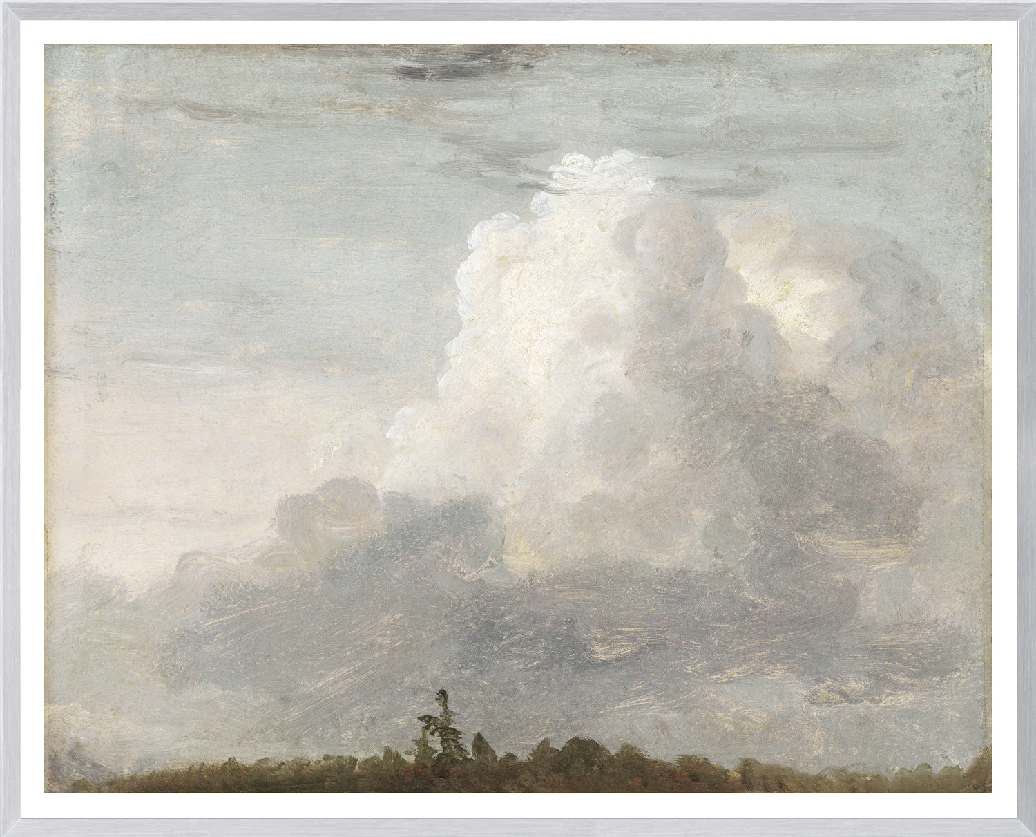 Clouds C. 1838 wall art featuring soft gray and white clouds against a muted sky, framed in white.