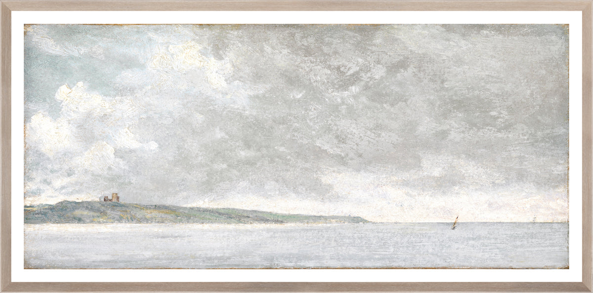 Coastal Scene with Cliffs C. 1814 wall art featuring a serene seascape with gray clouds and distant cliffs.