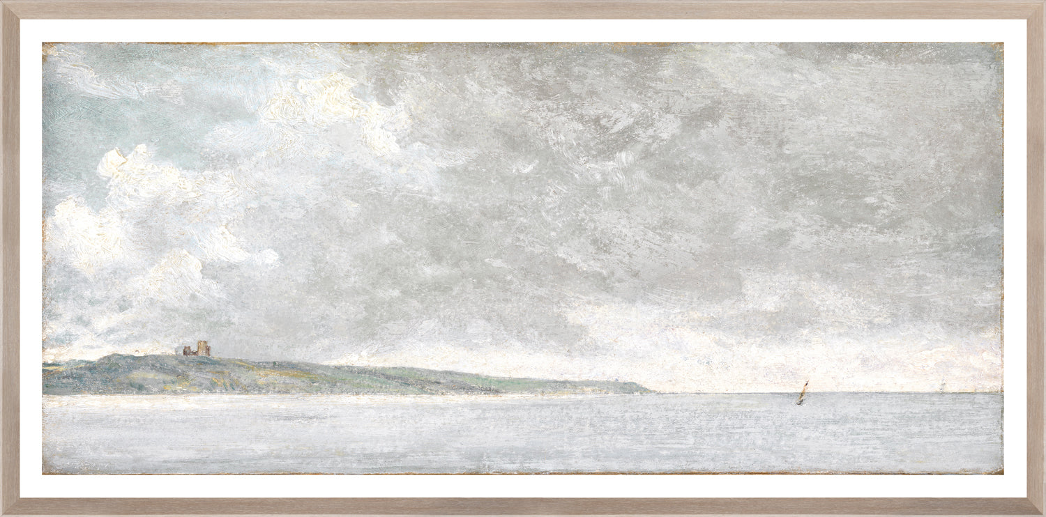 Coastal Scene with Cliffs C. 1814 wall art featuring a serene seascape with gray clouds and distant cliffs.