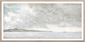 Coastal Scene with Cliffs C. 1814 wall art featuring a serene seascape with gray clouds and distant cliffs.
