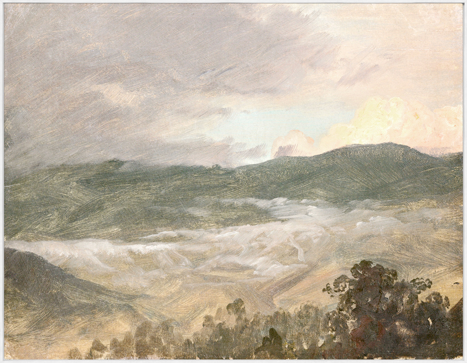 Church – Landscape C. 1865 by Celadon, depicting a serene landscape with hills and soft clouds.