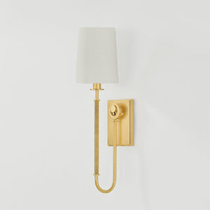 Glenmont Wall Sconce 5.25" in aged brass shown from the front to reveal the arm curve and shade silhouette.