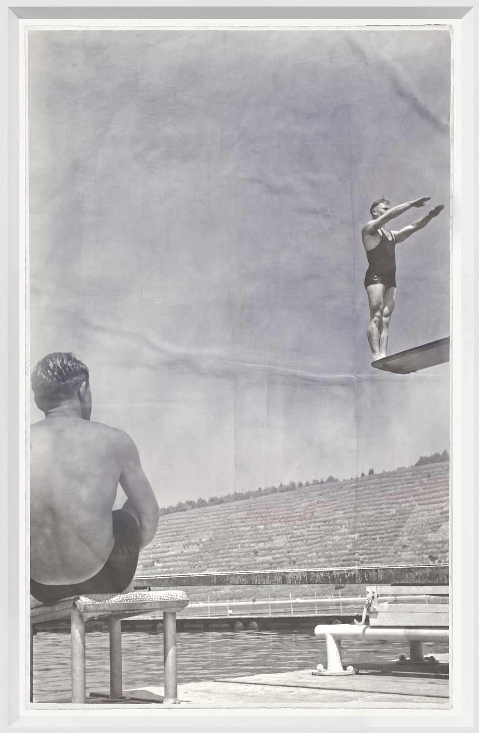 Indigo Stained – Set Position wall art featuring a black and white photograph of a diver.