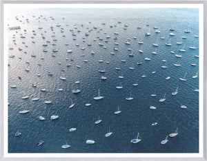 Cottage Point – Sydney wall art featuring numerous boats on blue water from an aerial view.