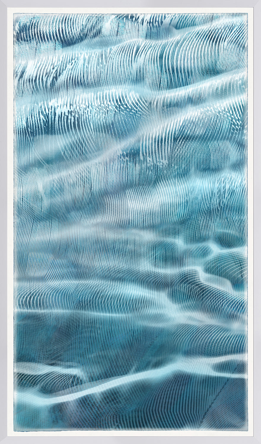 Undercurrent I wall art featuring abstract blue waves and lines in a white frame.