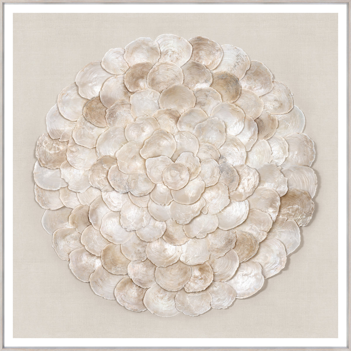 Capiz Medallion wall art featuring layered shell design in neutral tones on a beige background