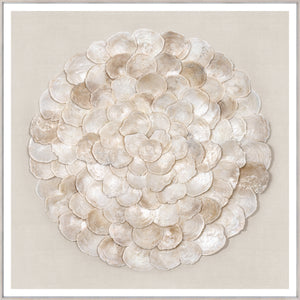 Capiz Medallion wall art featuring layered shell design in neutral tones on a beige background