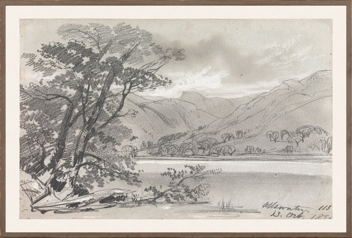 Lear – Folio Graphite Landscape I C. 1836, a monochrome landscape drawing featuring trees and mountains.