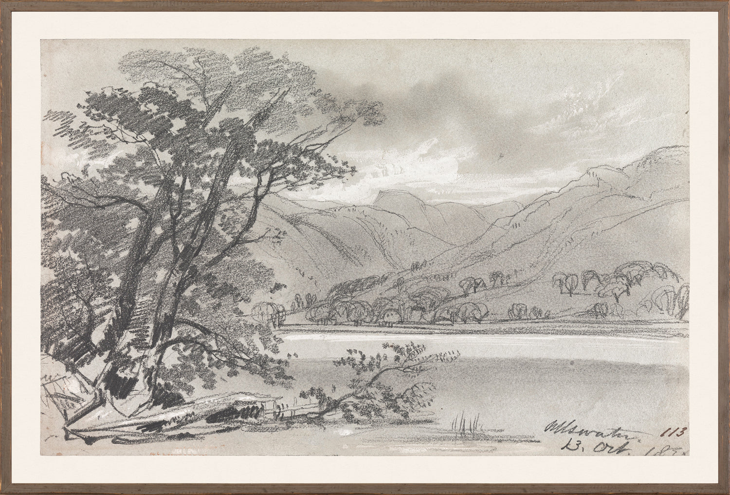 Lear – Folio Graphite Landscape I C. 1836, a monochrome landscape drawing featuring trees and mountains.