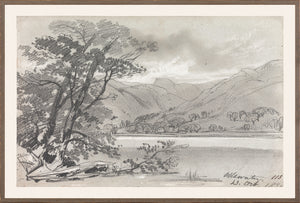 Lear – Folio Graphite Landscape I C. 1836, a monochrome landscape drawing featuring trees and mountains.