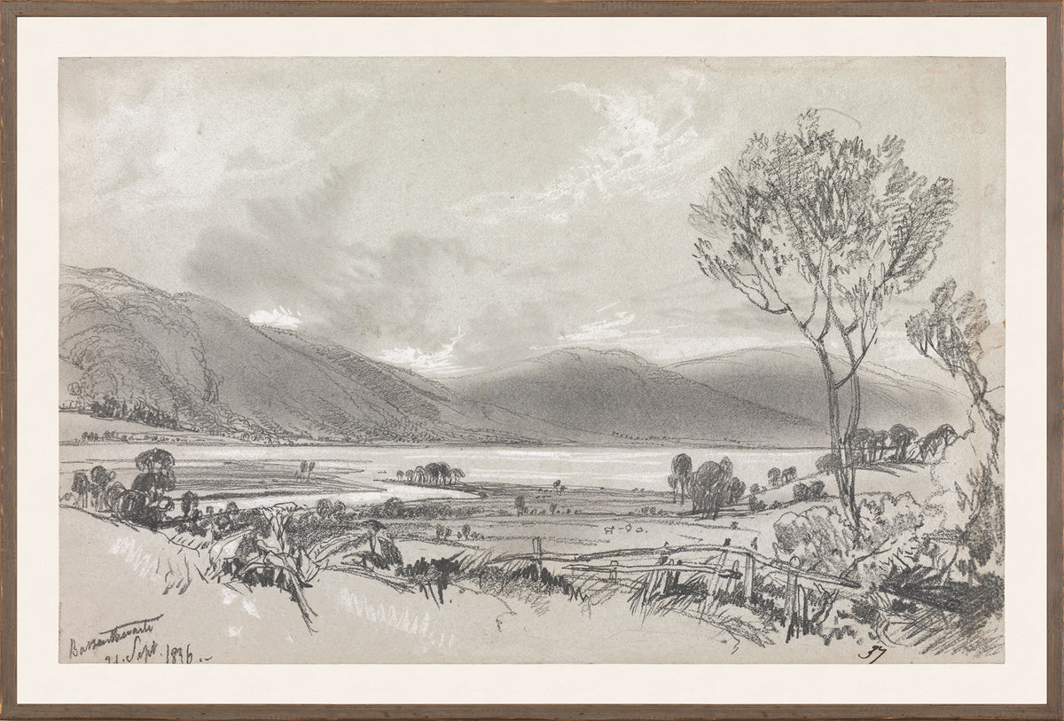 Lear – Folio Graphite Landscape II C. 1836, a detailed black and white landscape drawing with mountains and trees.
