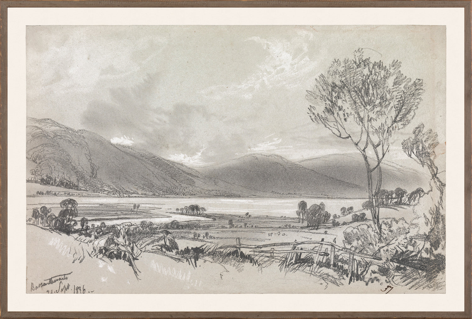 Lear – Folio Graphite Landscape II C. 1836, a detailed black and white landscape drawing with mountains and trees.