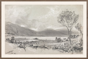 Lear – Folio Graphite Landscape II C. 1836, a detailed black and white landscape drawing with mountains and trees.
