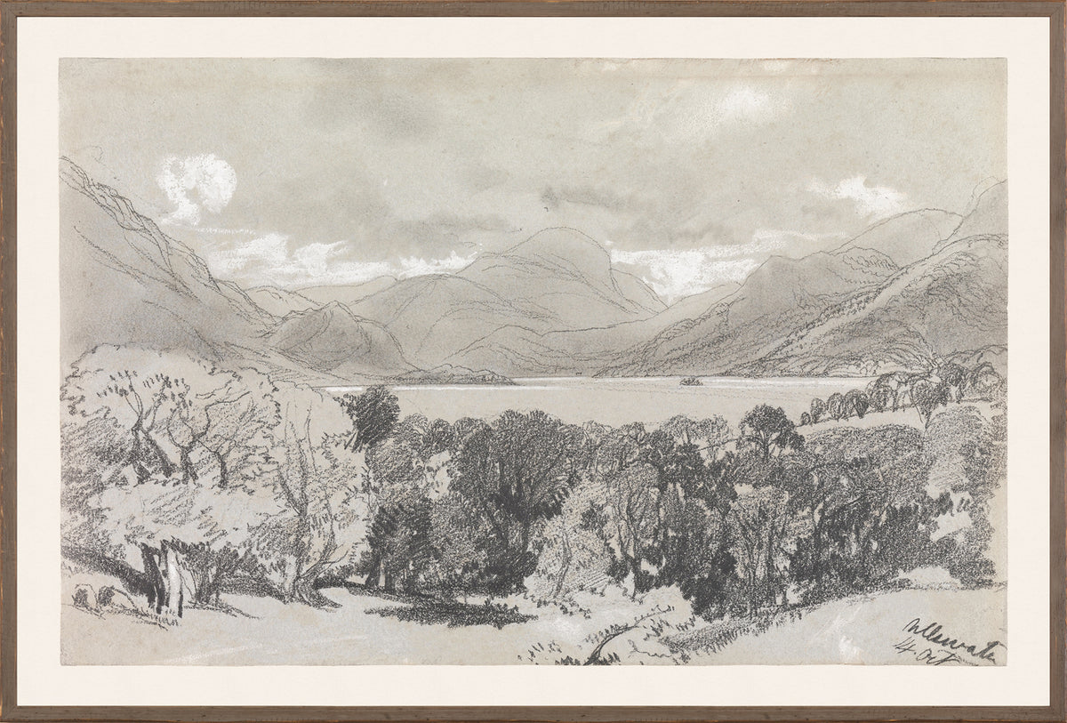 Lear – Folio Graphite Landscape III C. 1836, a landscape drawing featuring mountains and trees in graphite tones.
