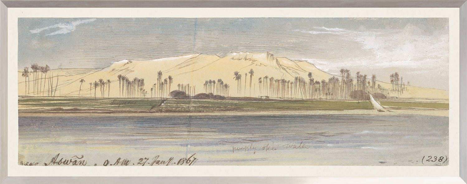 Lear – Watercolour Series, Pale Yellow III wall art depicting a landscape with mountains and palm trees.