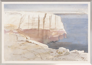 Lear – Watercolour Series, Sky Blue I, soft watercolor landscape with cliffs and sea, pastel colors.