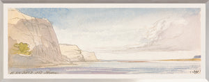 Lear – Watercolour Series, Sky Blue IV wall art featuring soft blue and beige landscape with cliffs and water.