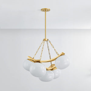 Duxbury Chandelier 31.75" in aged brass shown from the front to reveal the frame, arms, and shade detail.