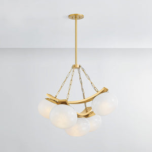 Close-up of the Duxbury Chandelier 31.75" in aged brass showing the frame, arms, and shade detail.