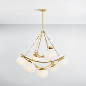Close-up of the Duxbury Chandelier 43.75" in aged brass showing the frame, arms, and shade detail.
