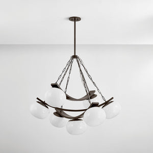 Close-up of the Duxbury Chandelier 43.75" in dark bronze showing the frame, arms, and shade detail.