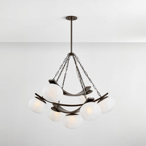 Close-up of the Duxbury Chandelier 43.75" in dark bronze showing the frame, arms, and shade detail.