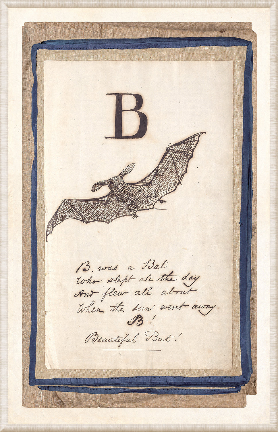 Edward’s Alphabet – B, C wall art featuring a bat illustration and handwritten text on aged paper.