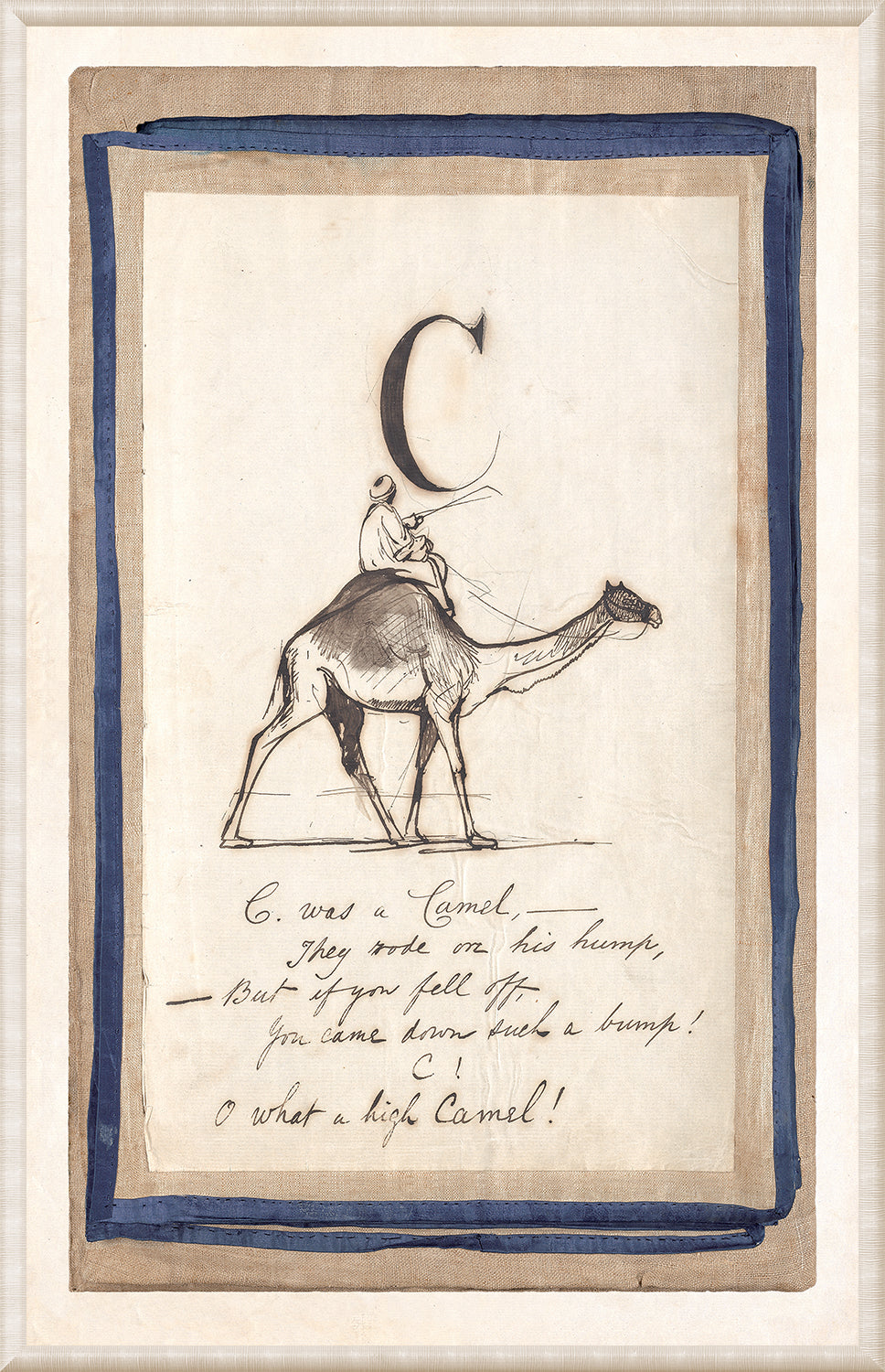 Edward’s Alphabet – C, C. 1857 wall art featuring a camel and a rider with handwritten text.