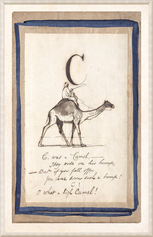 Edward’s Alphabet – C, C. 1857 wall art featuring a camel and a rider with handwritten text.