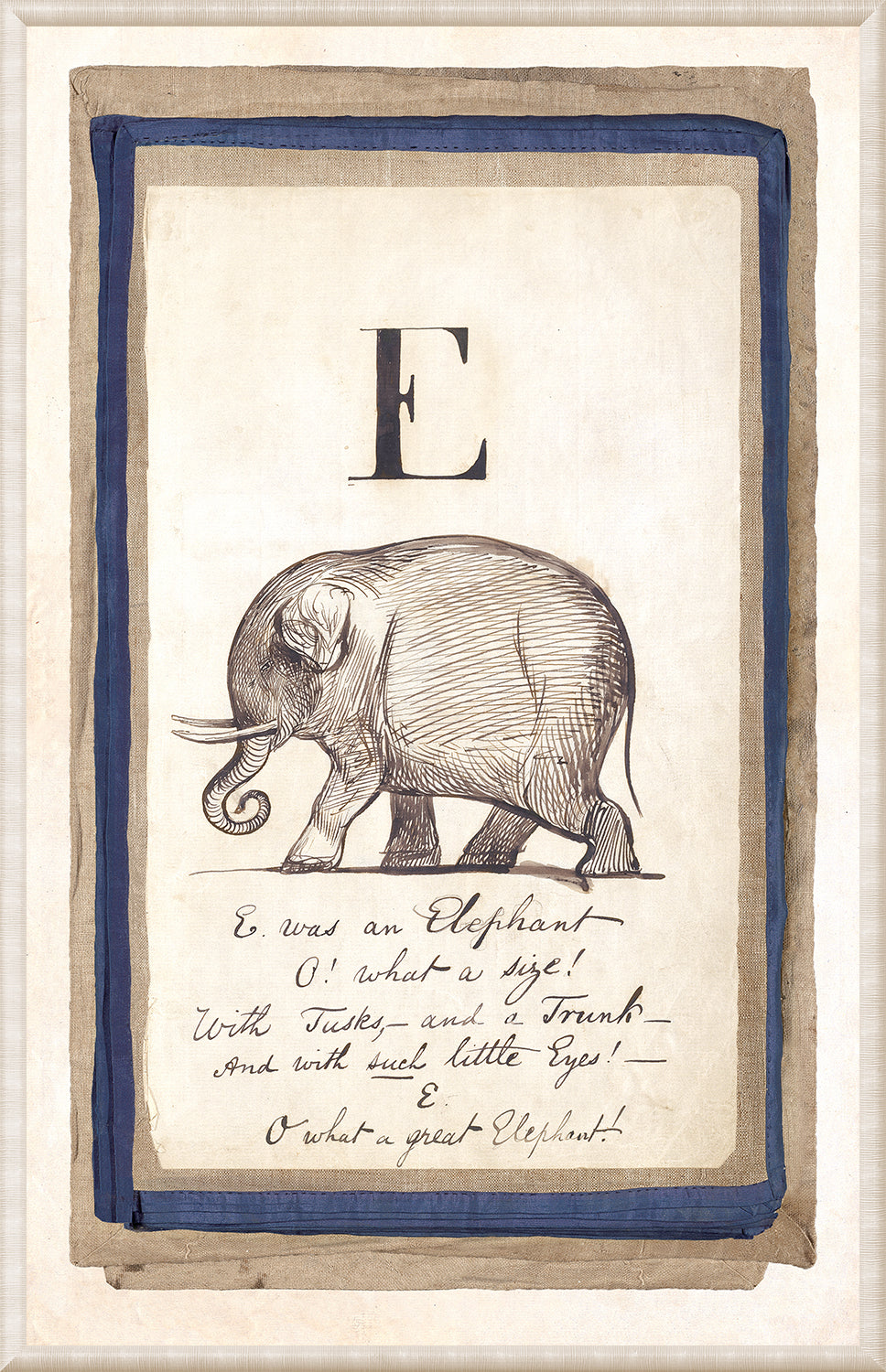 Edward’s Alphabet – E, C. 1857 wall art featuring an elephant illustration with the letter E.