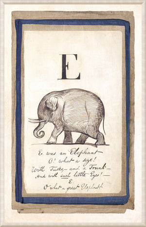 Edward’s Alphabet – E, C. 1857 wall art featuring an elephant illustration with the letter E.