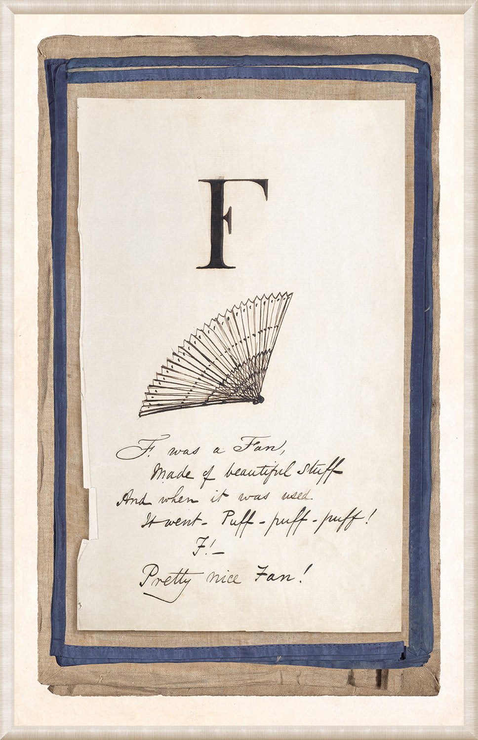 Edward’s Alphabet – F, C. 1857 wall art featuring an illustrated fan and handwritten text.