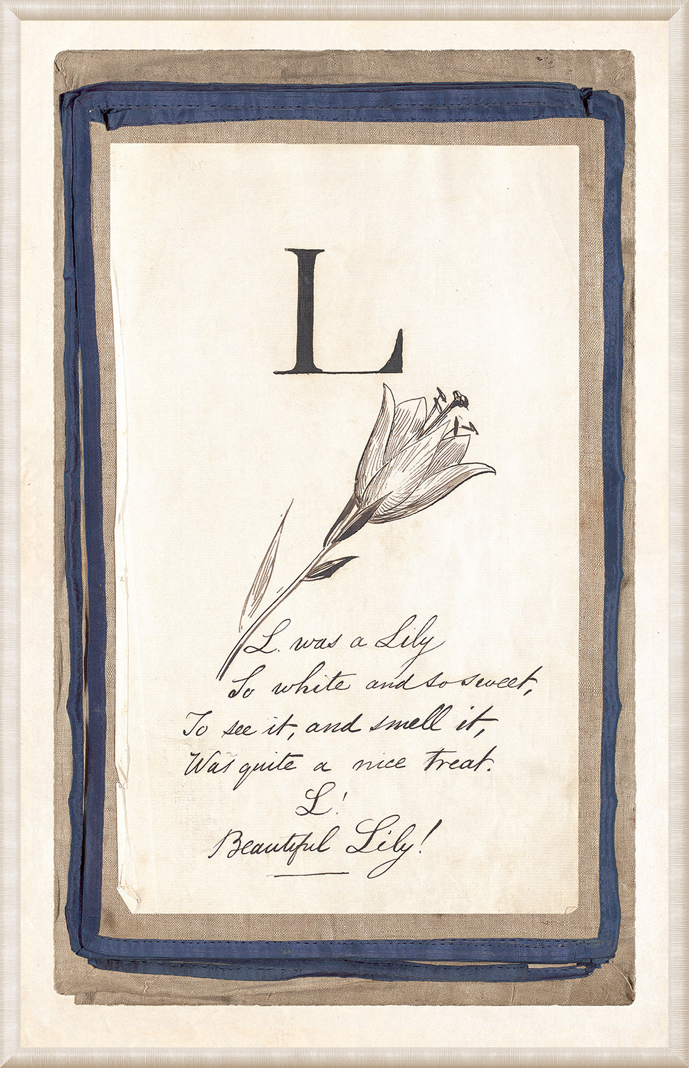 Edward’s Alphabet – L, C. 1857 wall art featuring an illustration of a lily and the letter L.