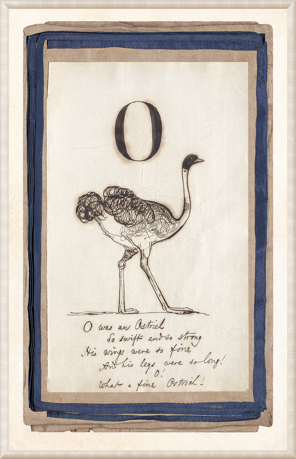 Edward’s Alphabet – O, C. 1857 wall art featuring an ostrich illustration and handwritten text.