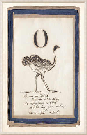 Edward’s Alphabet – O, C. 1857 wall art featuring an ostrich illustration and handwritten text.