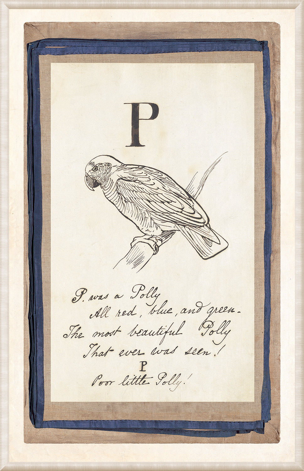 Edward’s Alphabet – P, C. 1857 wall art featuring a parrot illustration and handwritten text.