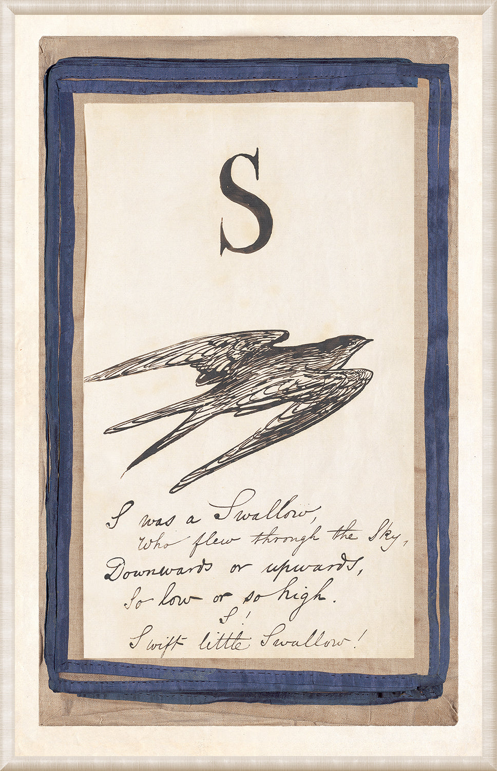 Edward’s Alphabet – S, C. 1857 wall art featuring a swallow illustration and handwritten text.