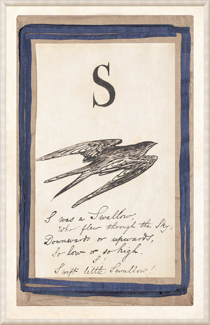 Edward’s Alphabet – S, C. 1857 wall art featuring a swallow illustration and handwritten text.