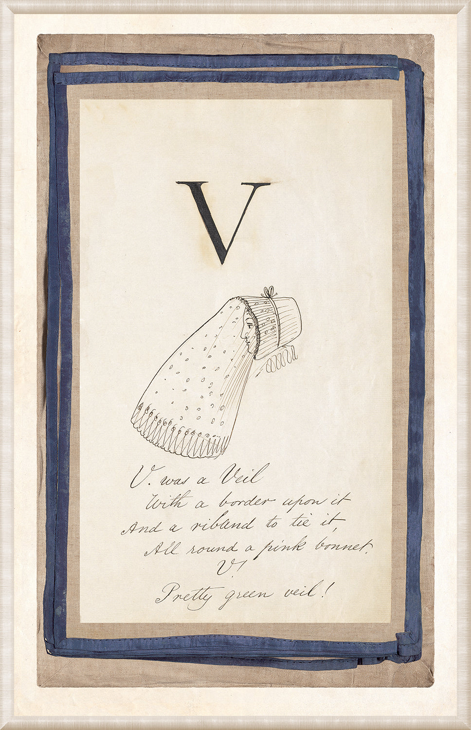 Edward’s Alphabet – V, C. 1857 wall art featuring a drawing of a veil with the letter V.