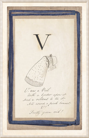 Edward’s Alphabet – V, C. 1857 wall art featuring a drawing of a veil with the letter V.