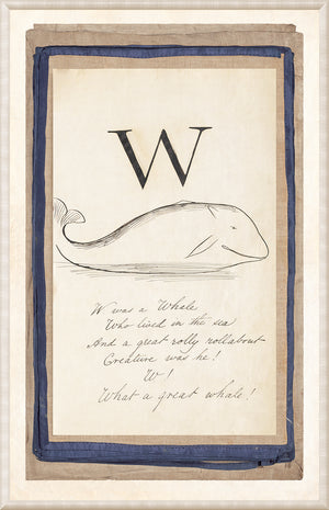 Edward’s Alphabet – W, featuring a whale illustration and handwritten text on a beige background.