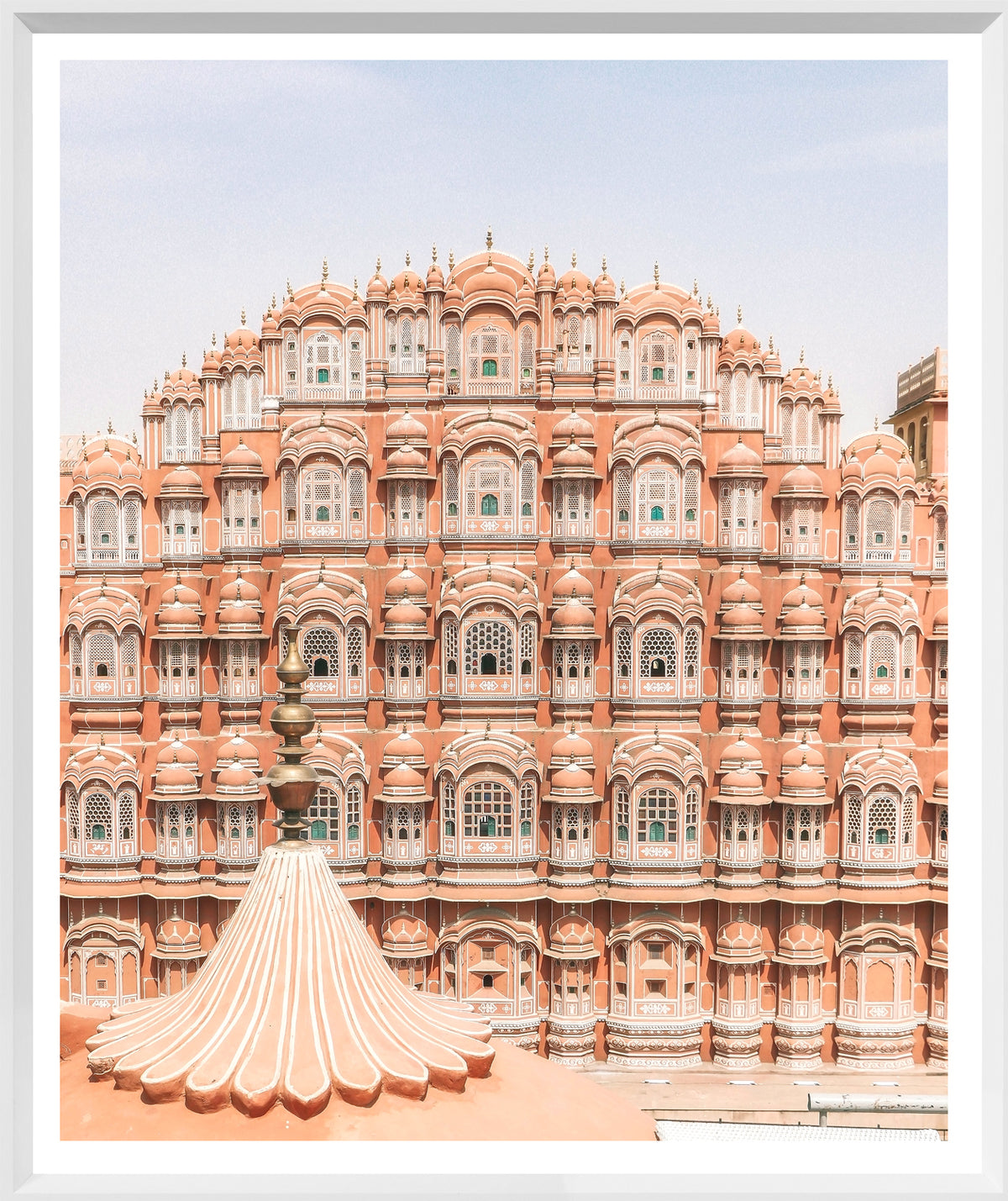Palace of the Wind wall art featuring intricate pink facade and ornate windows in Jaipur, India.