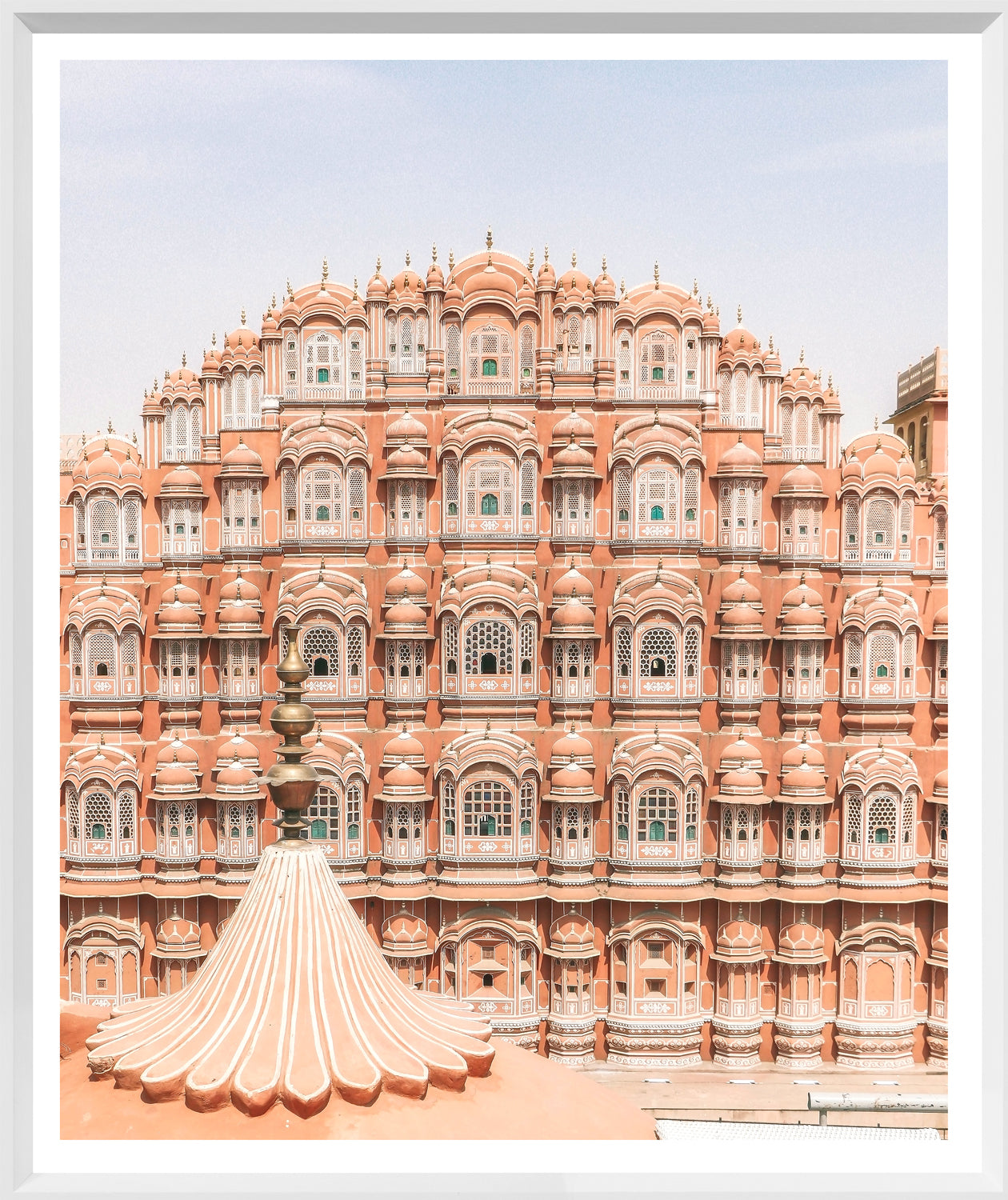 Palace of the Wind wall art featuring intricate pink facade and ornate windows in Jaipur, India.