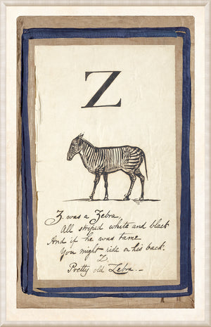 Edward’s Alphabet – Z, C. 1857 wall art featuring a zebra illustration and handwritten text.