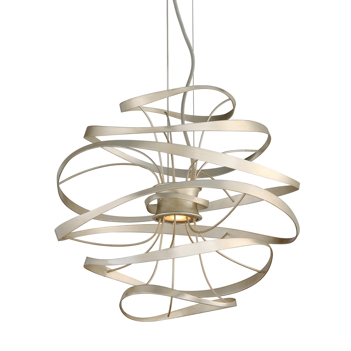 Calligraphy Chandelier 18" x 16.5" in Silver Leaf and Stainless Steel — a Corbett chandelier for dining rooms, entries, and living rooms at Laurie Yapp Home.