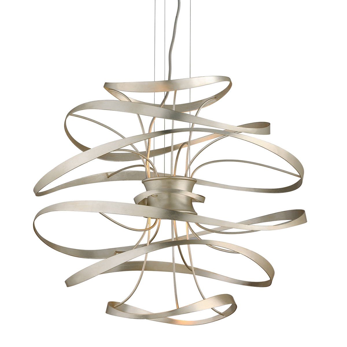 Calligraphy Chandelier 26" x 24" in Silver Leaf and Stainless Steel — a Corbett chandelier for dining rooms, entries, and living rooms at Laurie Yapp Home.
