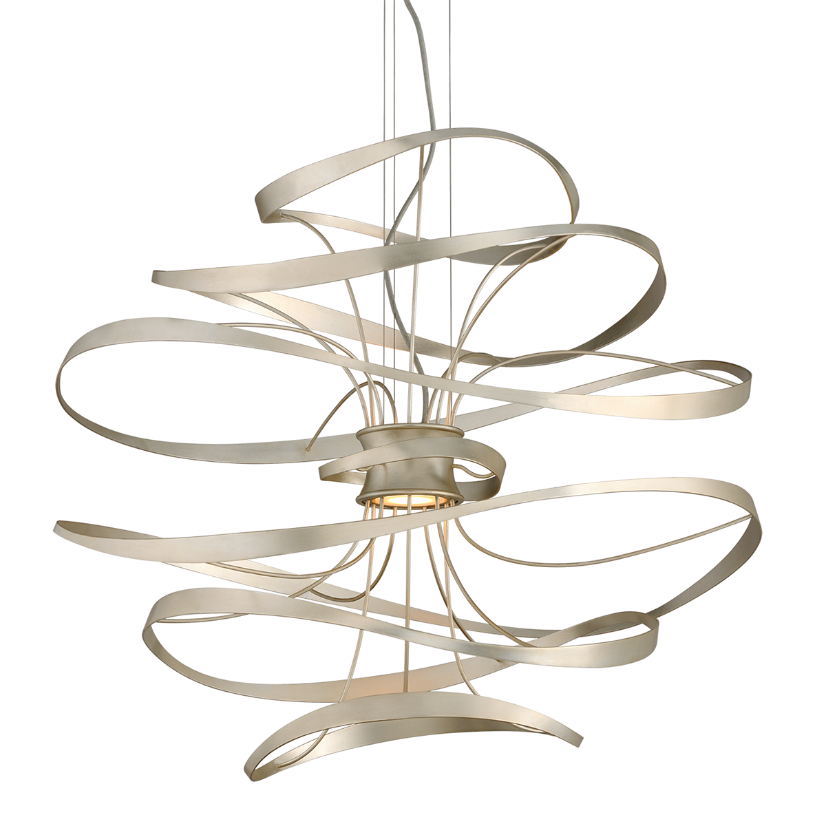 Calligraphy Chandelier 34" x 31.25" in Silver Leaf and Stainless Steel — a Corbett chandelier for dining rooms, entries, and living rooms at Laurie Yapp Home.